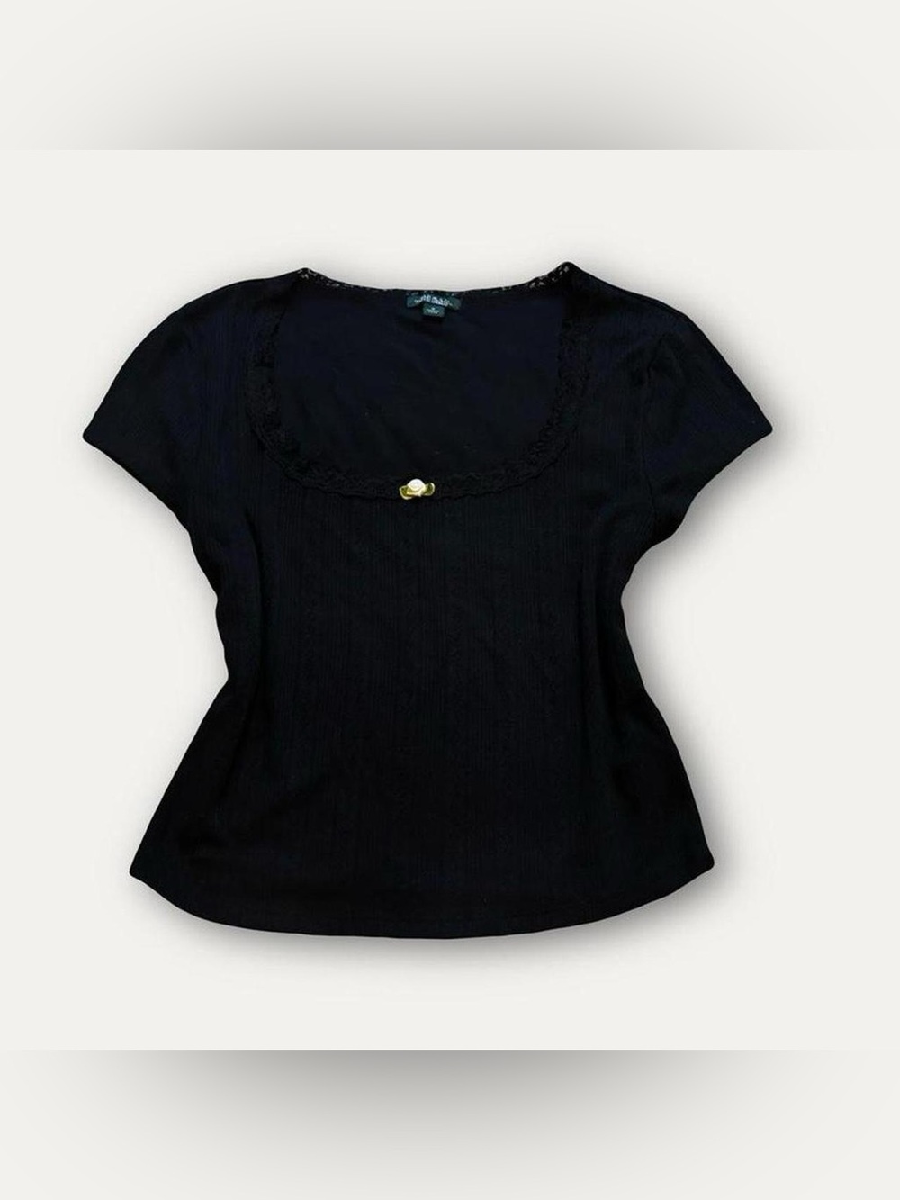 wild fable Black Short Sleeve Scoop Neck Top with Lace and Rose Detail